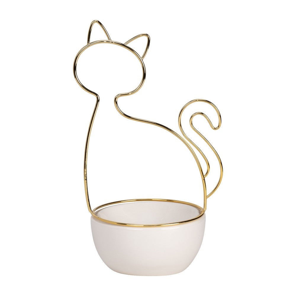 Decorative Trinket Tray | White Ceramic Base with Gold Metal Cat Design Top