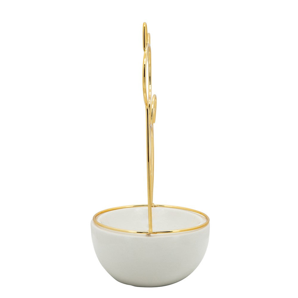 Decorative Trinket Tray | White Ceramic Base with Gold Metal Cat Design Top