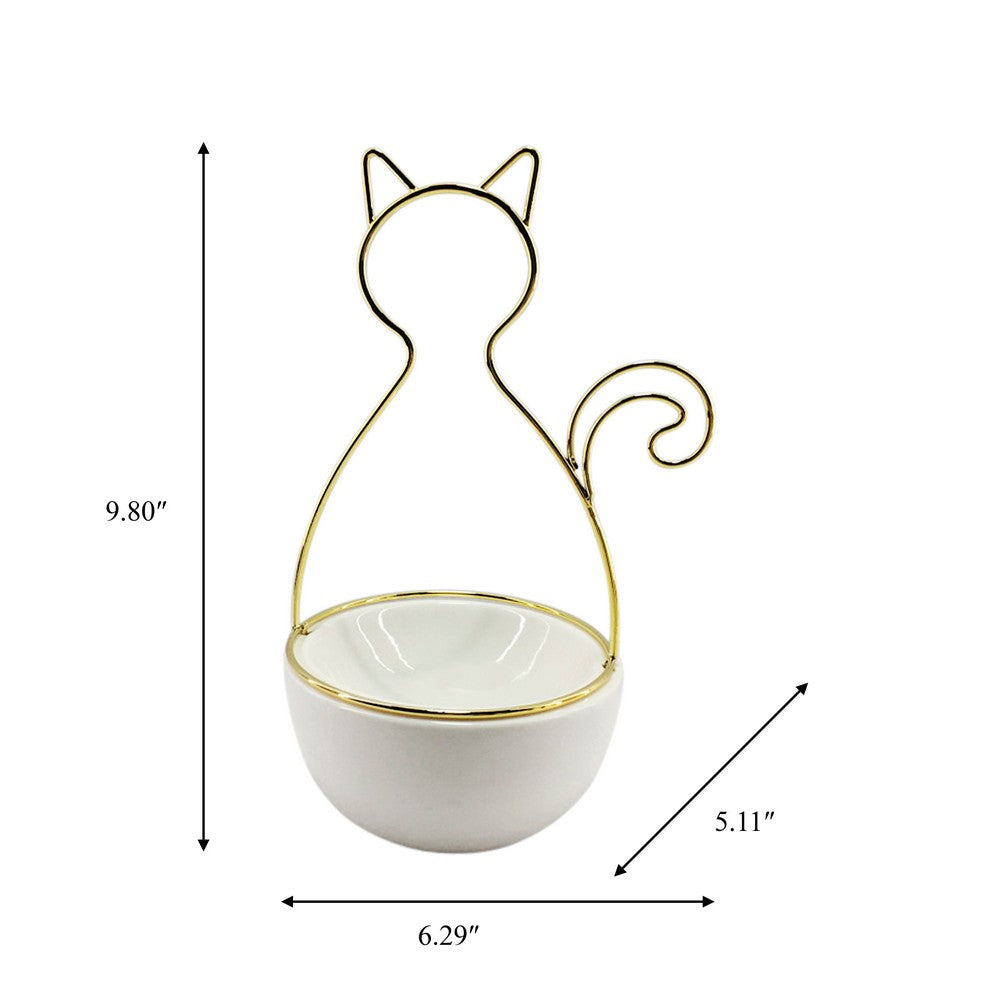 Decorative Trinket Tray | White Ceramic Base with Gold Metal Cat Design Top