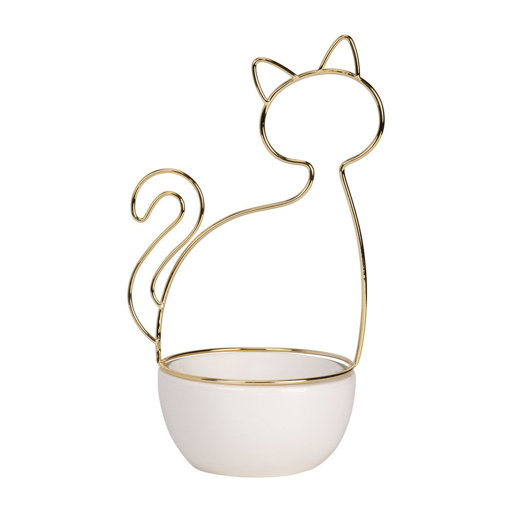Decorative Trinket Tray | White Ceramic Base with Gold Metal Cat Design Top