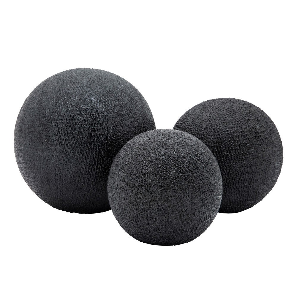 Tabletop Decor Set of 3 Orbs | Beaded Texture Modern Black Ceramic 6 |5 |4"