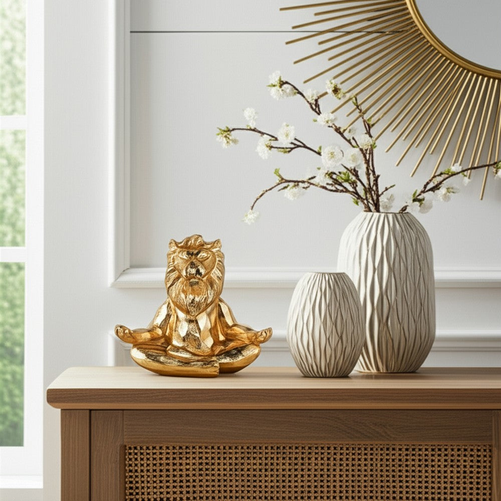 Yoga Lion Sculpture in Meditating Pose | Distressed Gold Resin | 7"