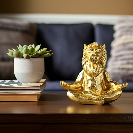 Yoga Lion Sculpture in Meditating Pose | Distressed Gold Resin | 7"
