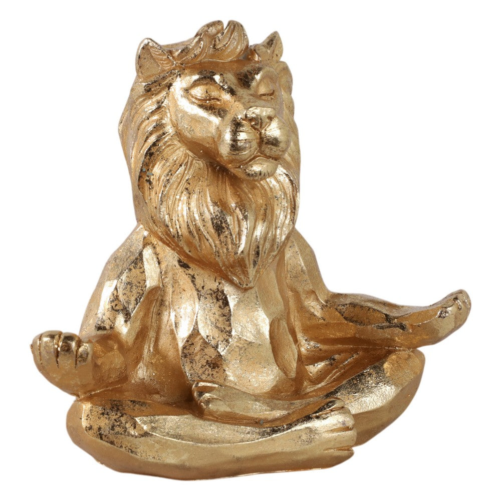Yoga Lion Sculpture in Meditating Pose | Distressed Gold Resin | 7"