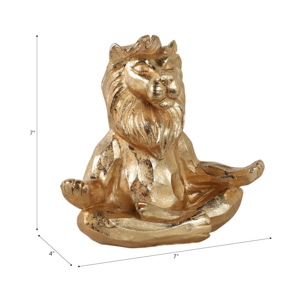 Yoga Lion Sculpture in Meditating Pose | Distressed Gold Resin | 7"