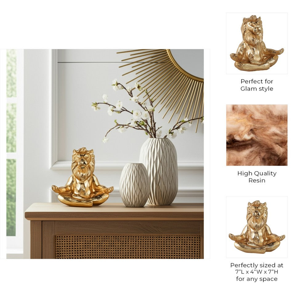 Yoga Lion Sculpture in Meditating Pose | Distressed Gold Resin | 7"