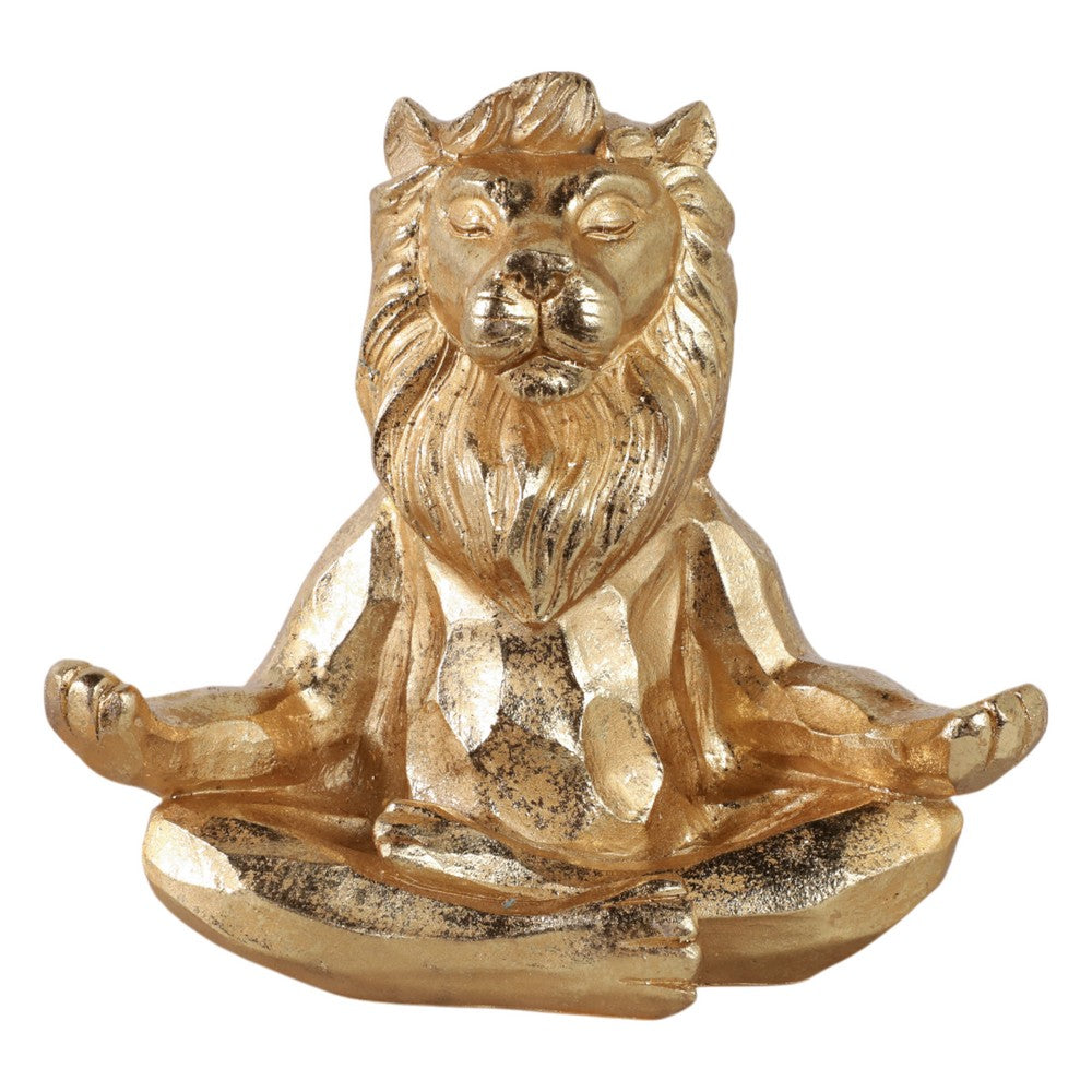 Yoga Lion Sculpture in Meditating Pose | Distressed Gold Resin | 7"