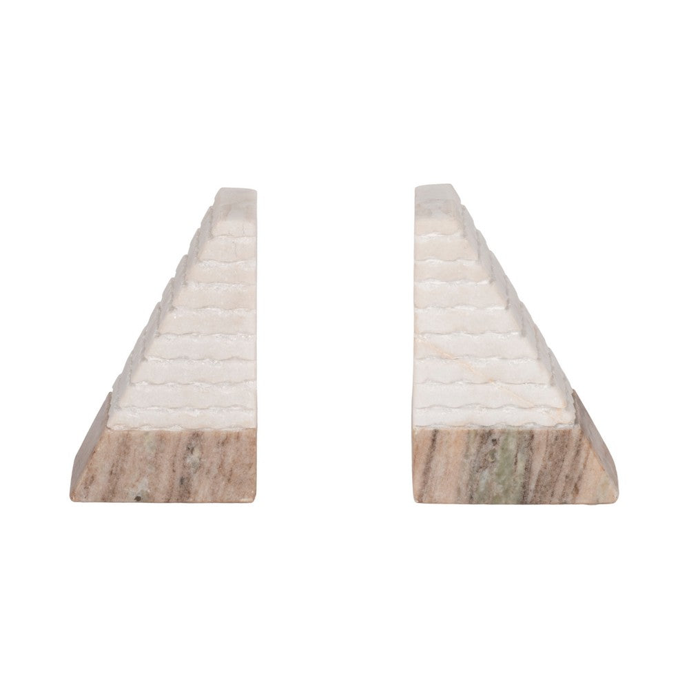 Pyramid Bookends Set of 2 | Staircase Pattern | White & Onyx Marble 6"