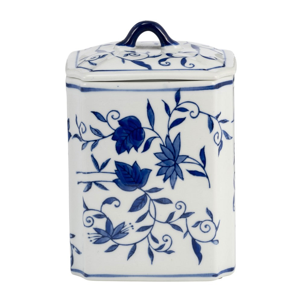 Decorative Jar with Squared Lid | Blue & White Floral Ceramic 9"