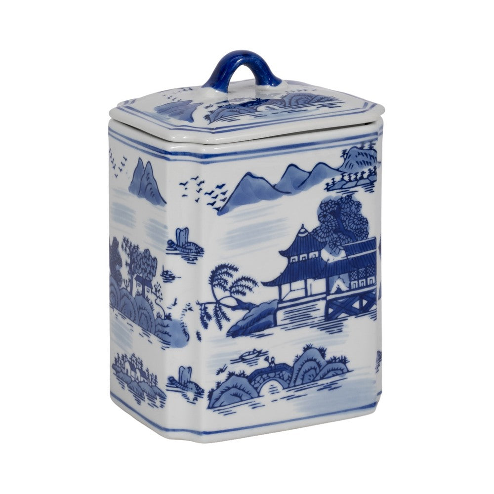 Square Jar with Lid | Blue White Asian L&scape Chinoiserie Ceramic 9"
