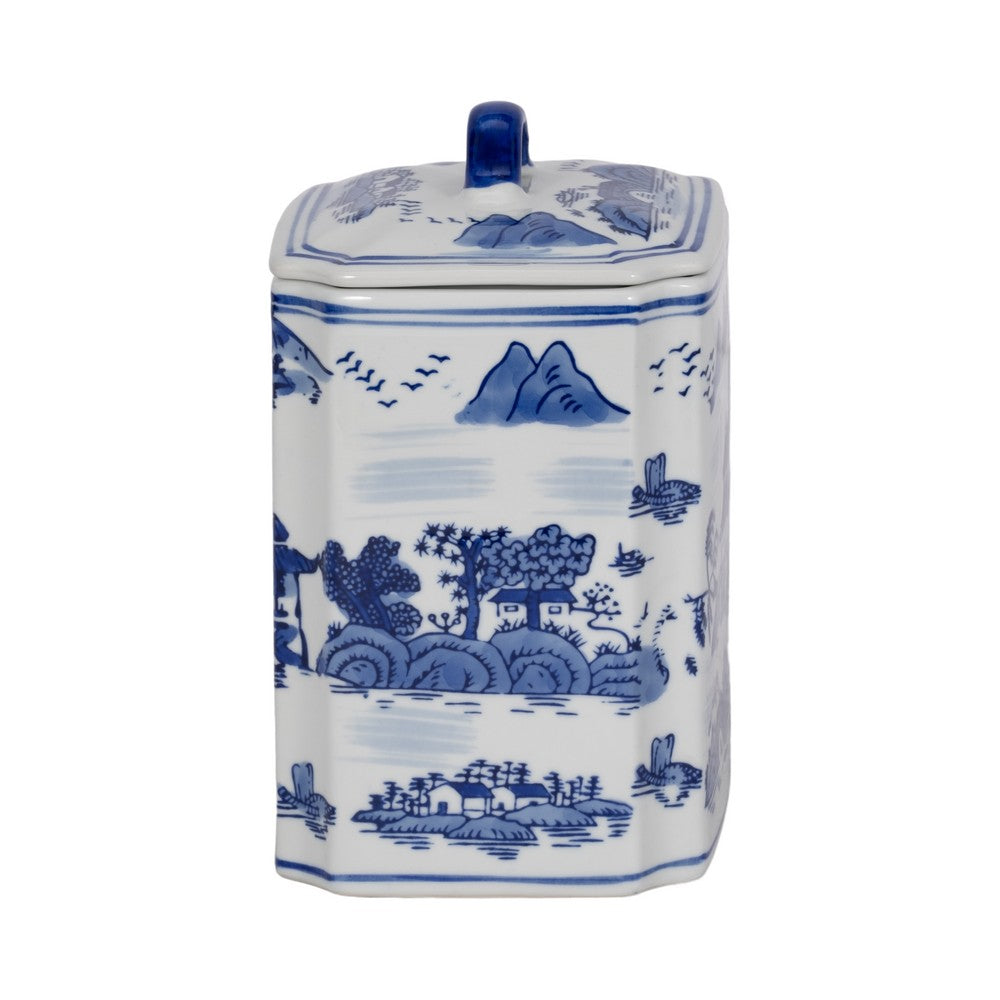 Square Jar with Lid | Blue White Asian L&scape Chinoiserie Ceramic 9"