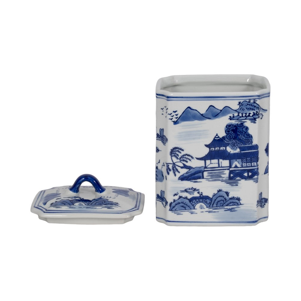 Square Jar with Lid | Blue White Asian L&scape Chinoiserie Ceramic 9"