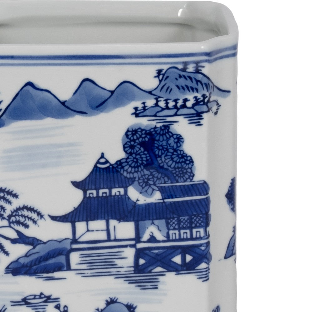 Square Jar with Lid | Blue White Asian L&scape Chinoiserie Ceramic 9"