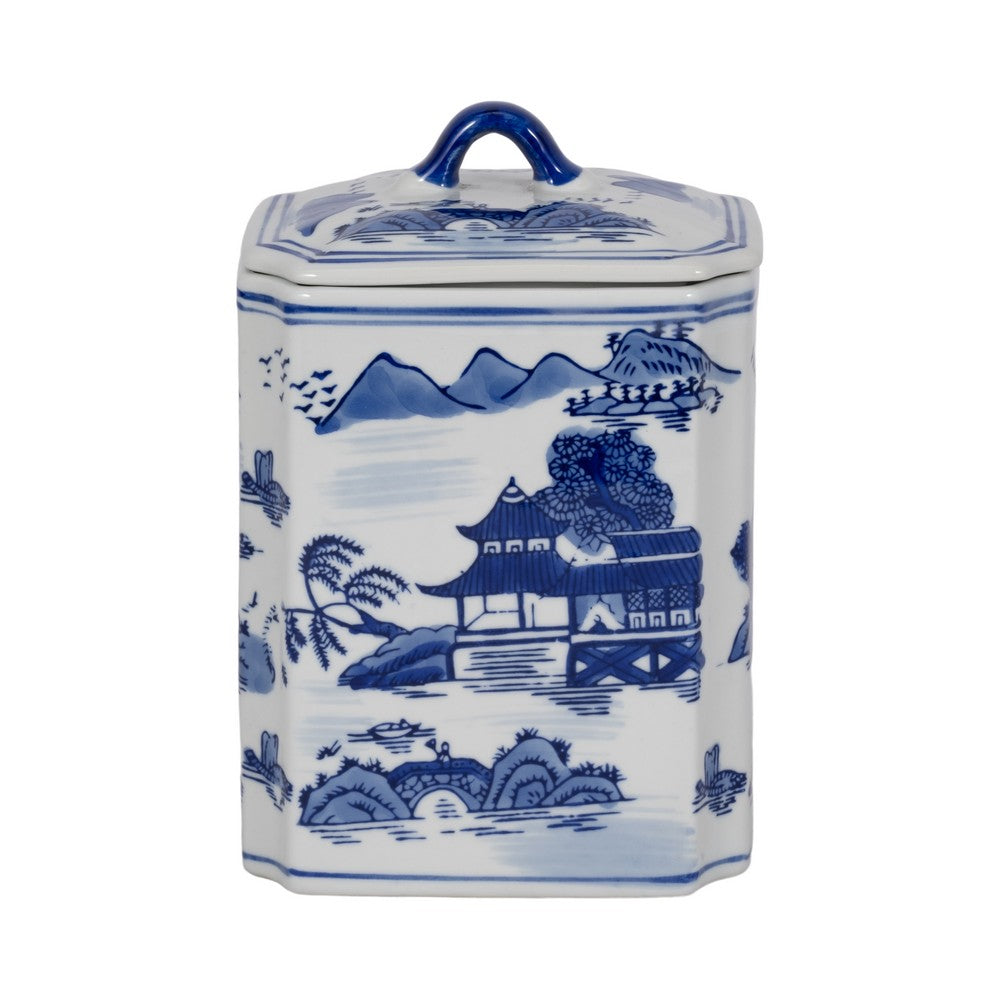Square Jar with Lid | Blue White Asian L&scape Chinoiserie Ceramic 9"