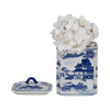 Square Jar with Lid | Blue White Asian L&scape Chinoiserie Ceramic 9"