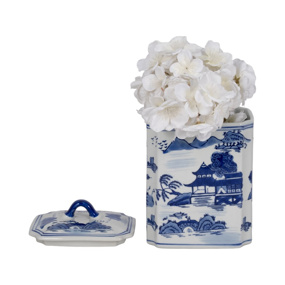 Square Jar with Lid | Blue White Asian L&scape Chinoiserie Ceramic 9"
