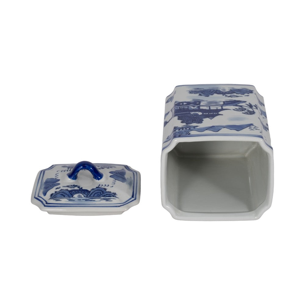 Square Jar with Lid | Blue White Asian L&scape Chinoiserie Ceramic 9"