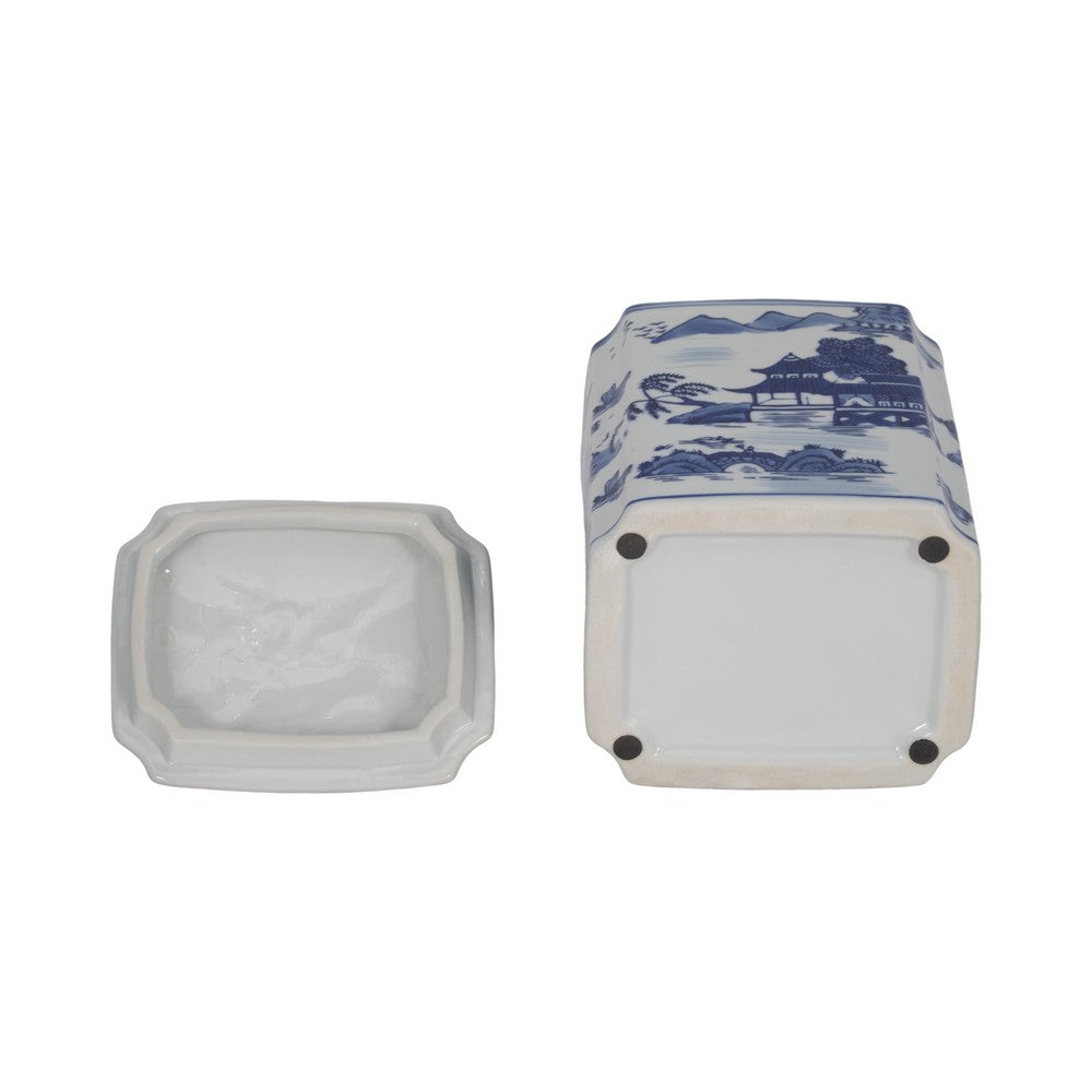 Square Jar with Lid | Blue White Asian L&scape Chinoiserie Ceramic 9"
