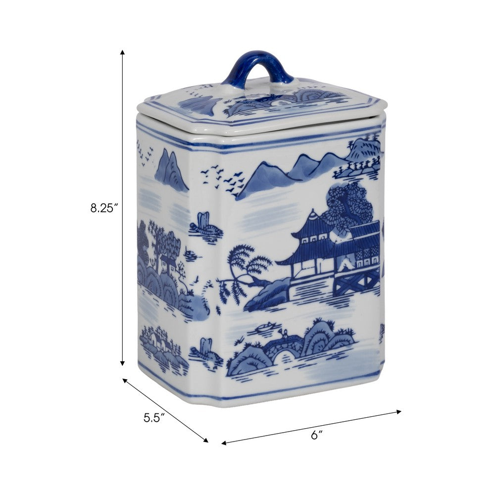 Square Jar with Lid | Blue White Asian L&scape Chinoiserie Ceramic 9"