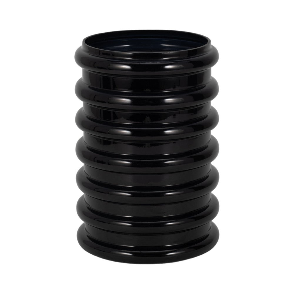 Thad Scalloped Cylinder Vase | Ribbed Texture | Glossy Black Glass 9"