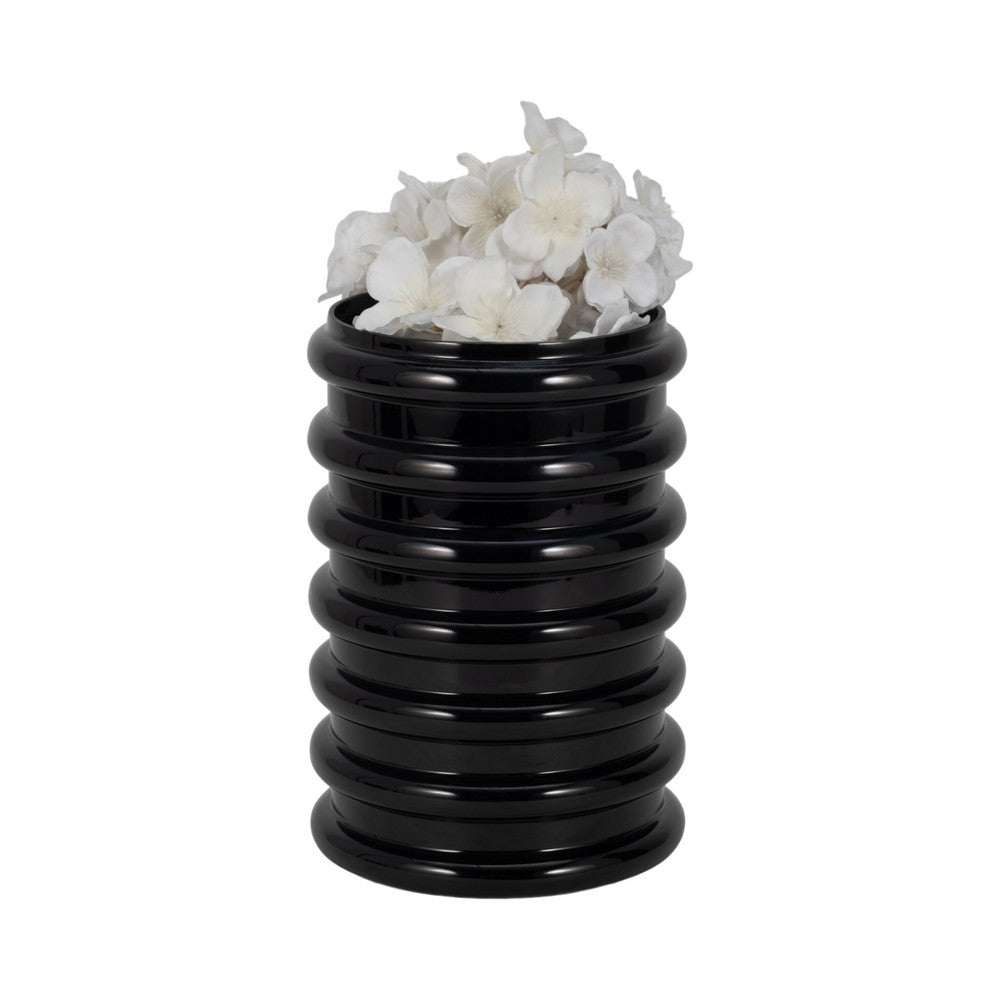 Thad Scalloped Cylinder Vase | Ribbed Texture | Glossy Black Glass 9"