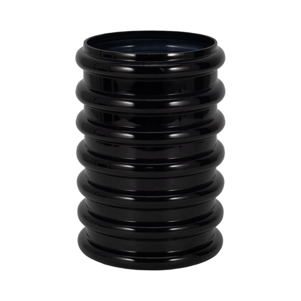 Thad Scalloped Cylinder Vase | Ribbed Texture | Glossy Black Glass 9"