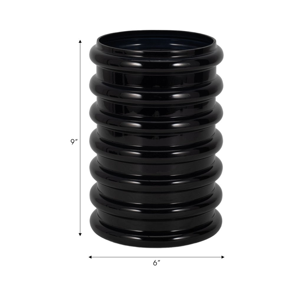 Thad Scalloped Cylinder Vase | Ribbed Texture | Glossy Black Glass 9"