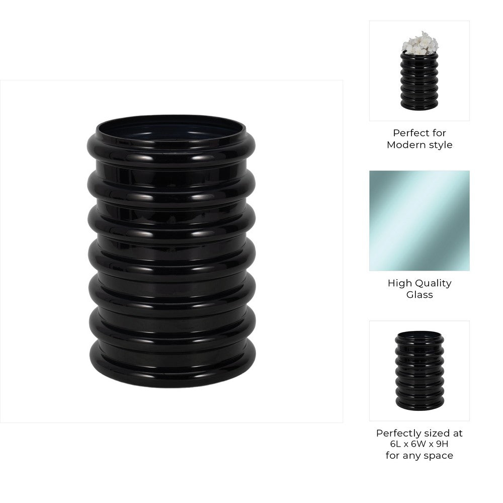 Thad Scalloped Cylinder Vase | Ribbed Texture | Glossy Black Glass 9"
