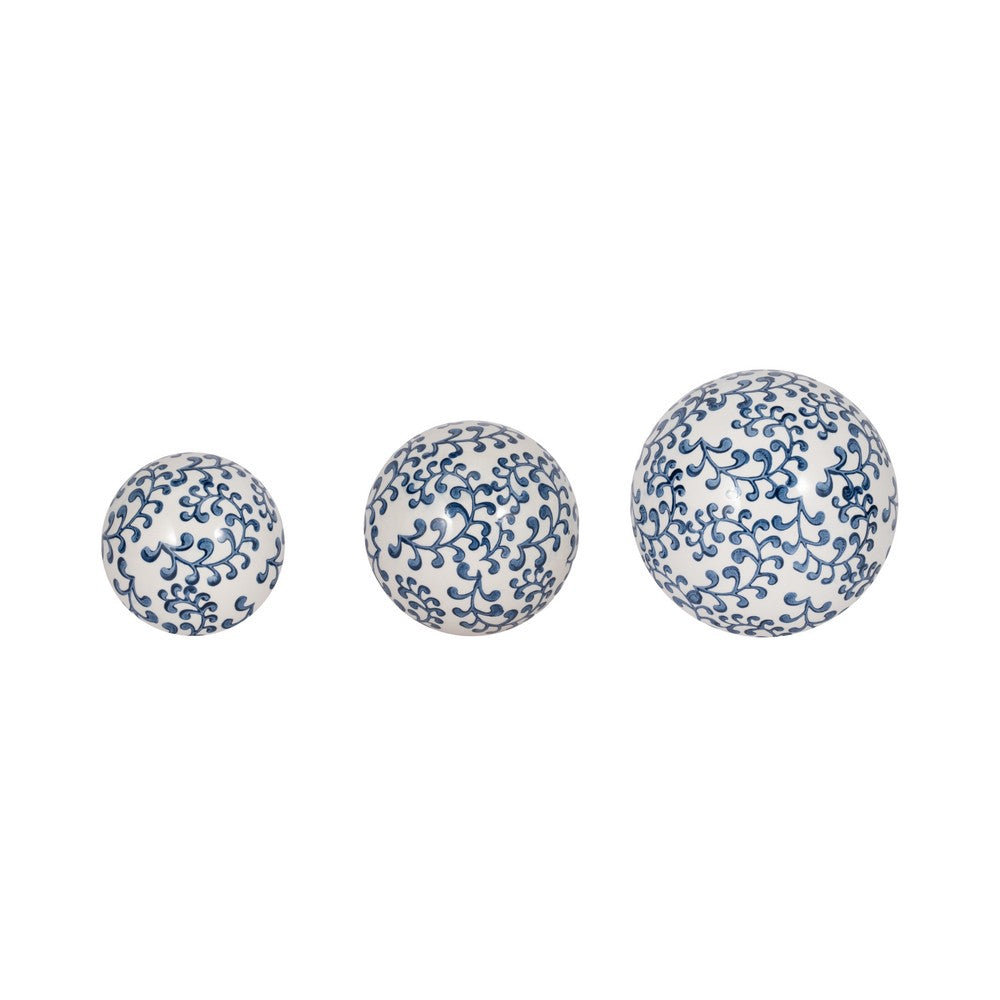 3 Piece Sphere Accent Decor | Blue & White Fern Chinoiserie Ceramic