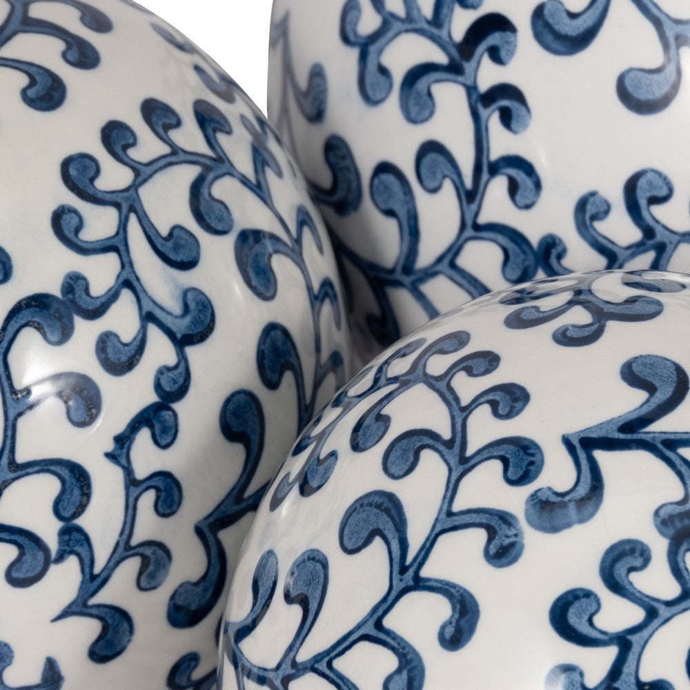 3 Piece Sphere Accent Decor | Blue & White Fern Chinoiserie Ceramic