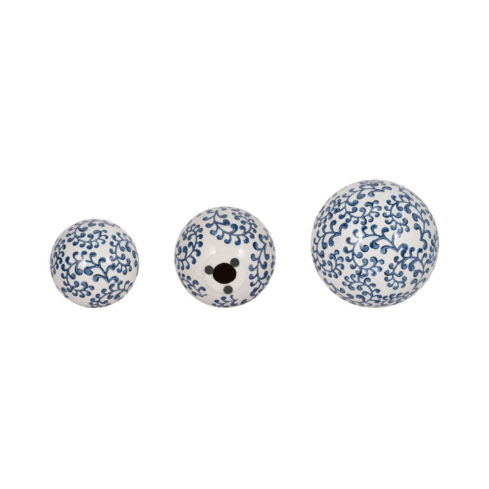 3 Piece Sphere Accent Decor | Blue & White Fern Chinoiserie Ceramic