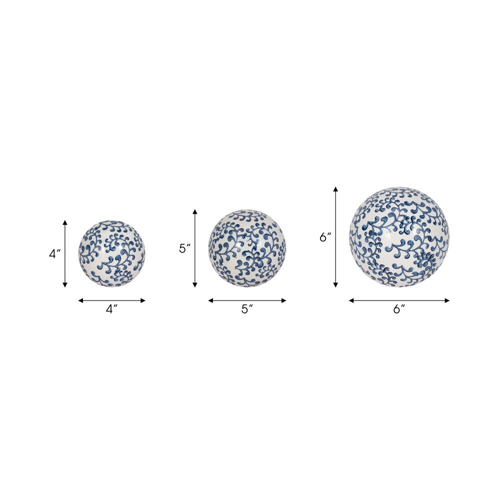 3 Piece Sphere Accent Decor | Blue & White Fern Chinoiserie Ceramic