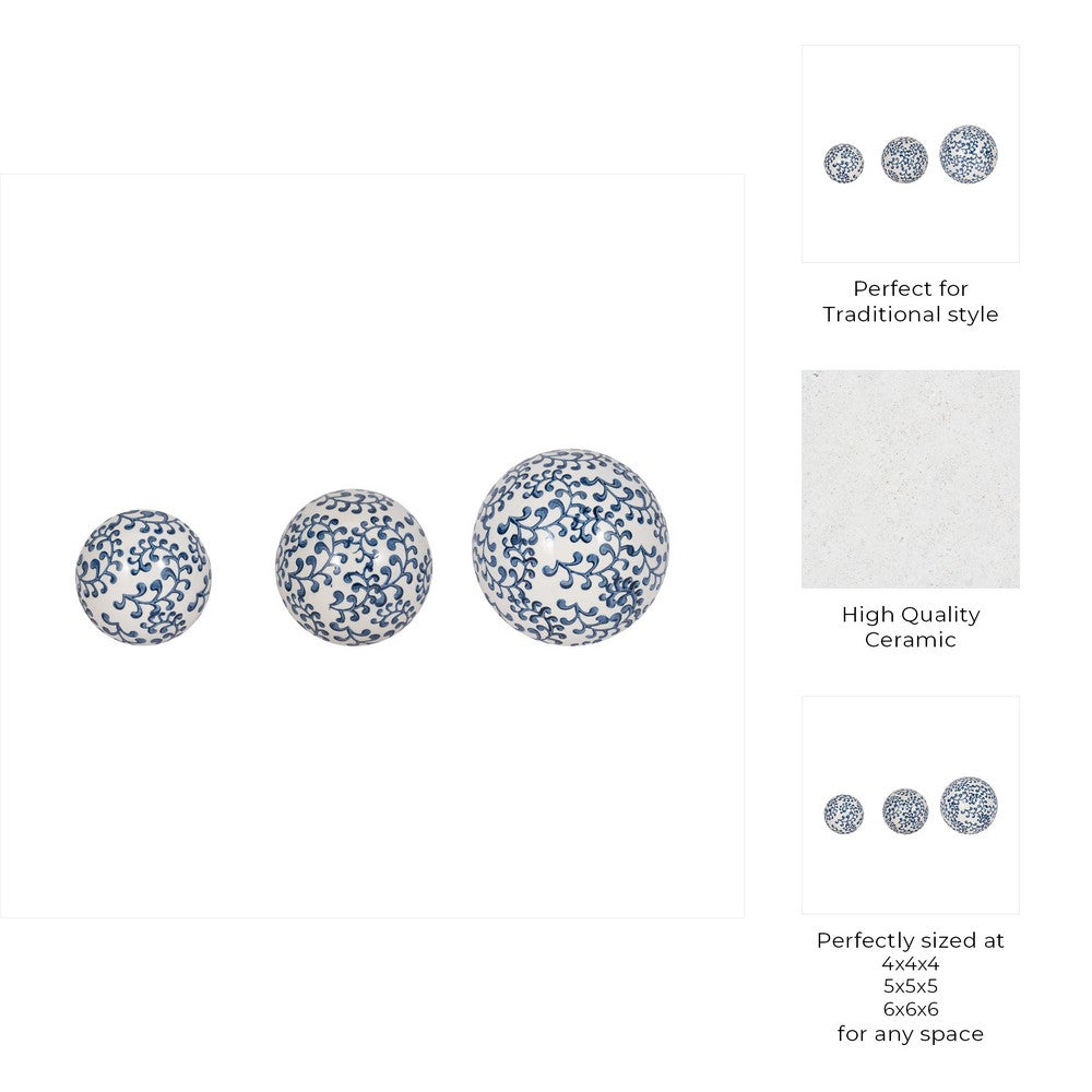3 Piece Sphere Accent Decor | Blue & White Fern Chinoiserie Ceramic
