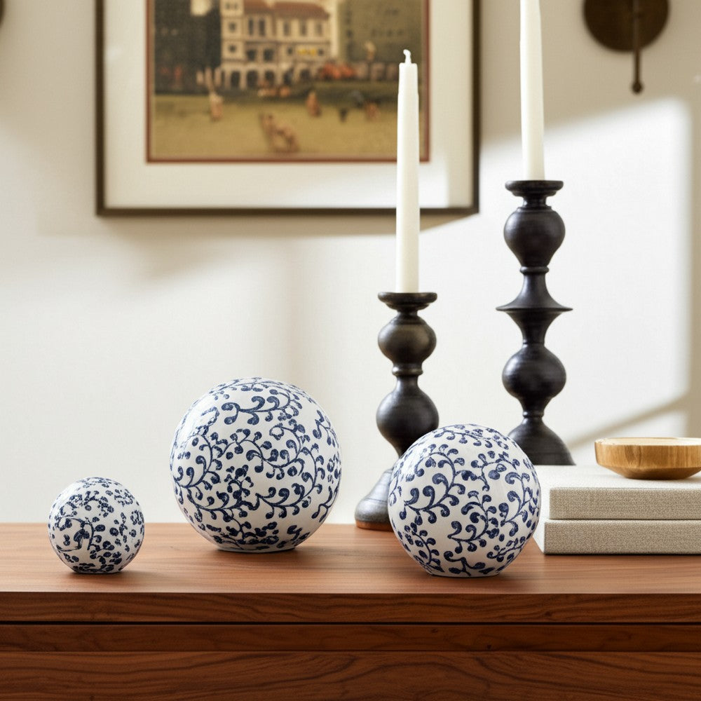 3 Piece Sphere Accent Decor | Blue & White Fern Chinoiserie Ceramic