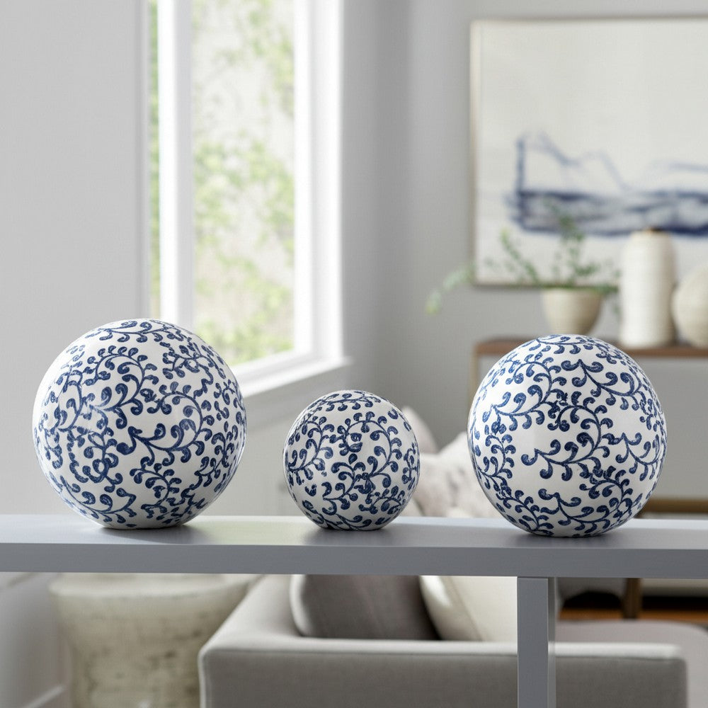 3 Piece Sphere Accent Decor | Blue & White Fern Chinoiserie Ceramic