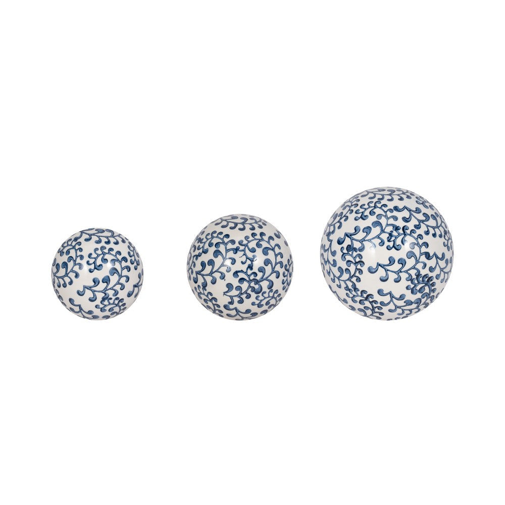 3 Piece Sphere Accent Decor | Blue & White Fern Chinoiserie Ceramic SBH-16551-19