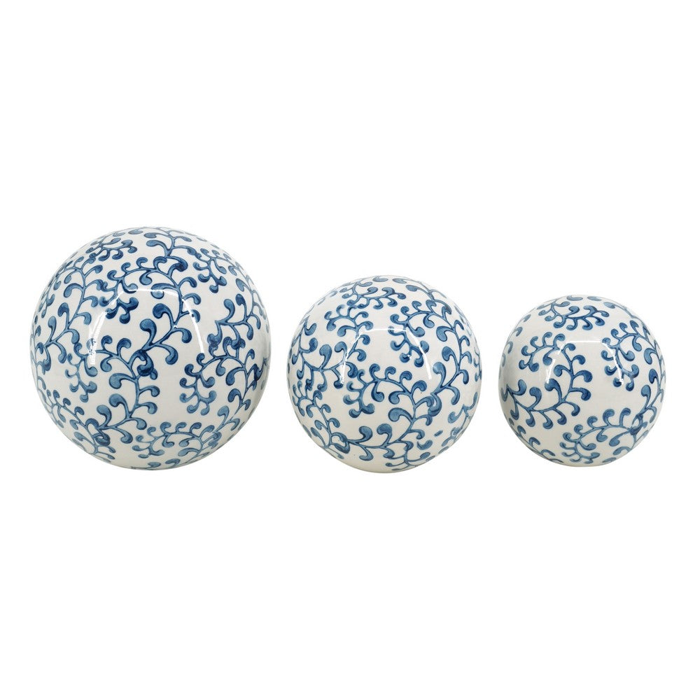 3 Piece Sphere Accent Decor | Blue & White Fern Chinoiserie Ceramic