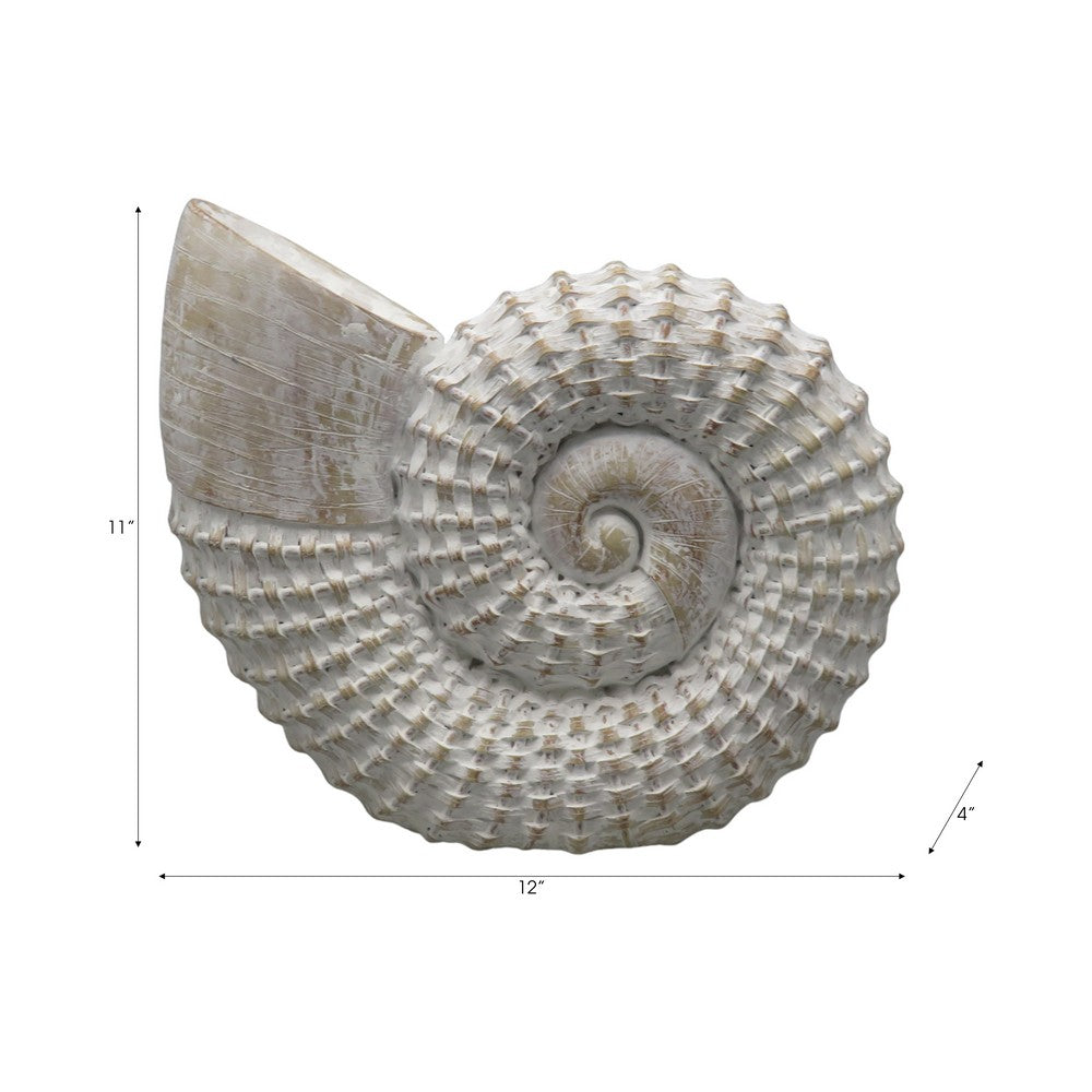 12" Decorative Seashell Figurine | Spiral Textured | Distressed White