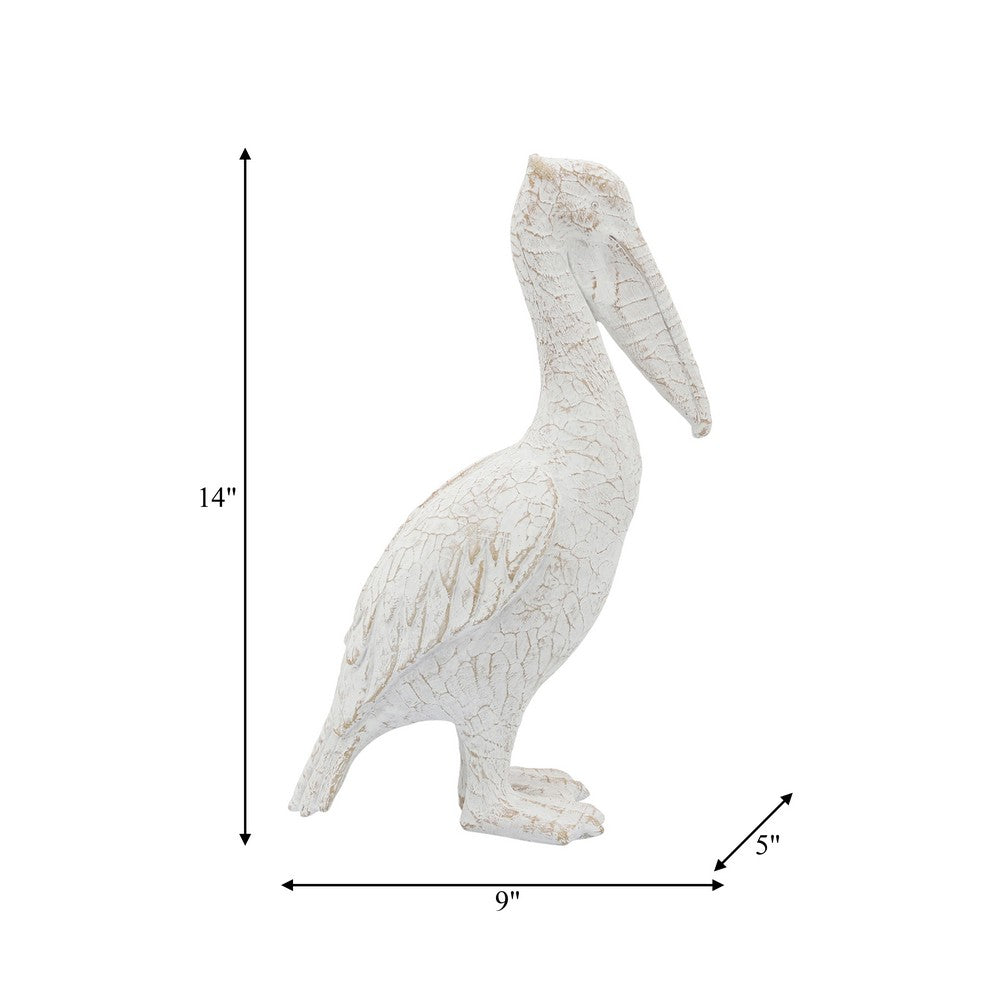 14" Standing Pelican Figurine | Coral-Reef Texture | White Ceramic