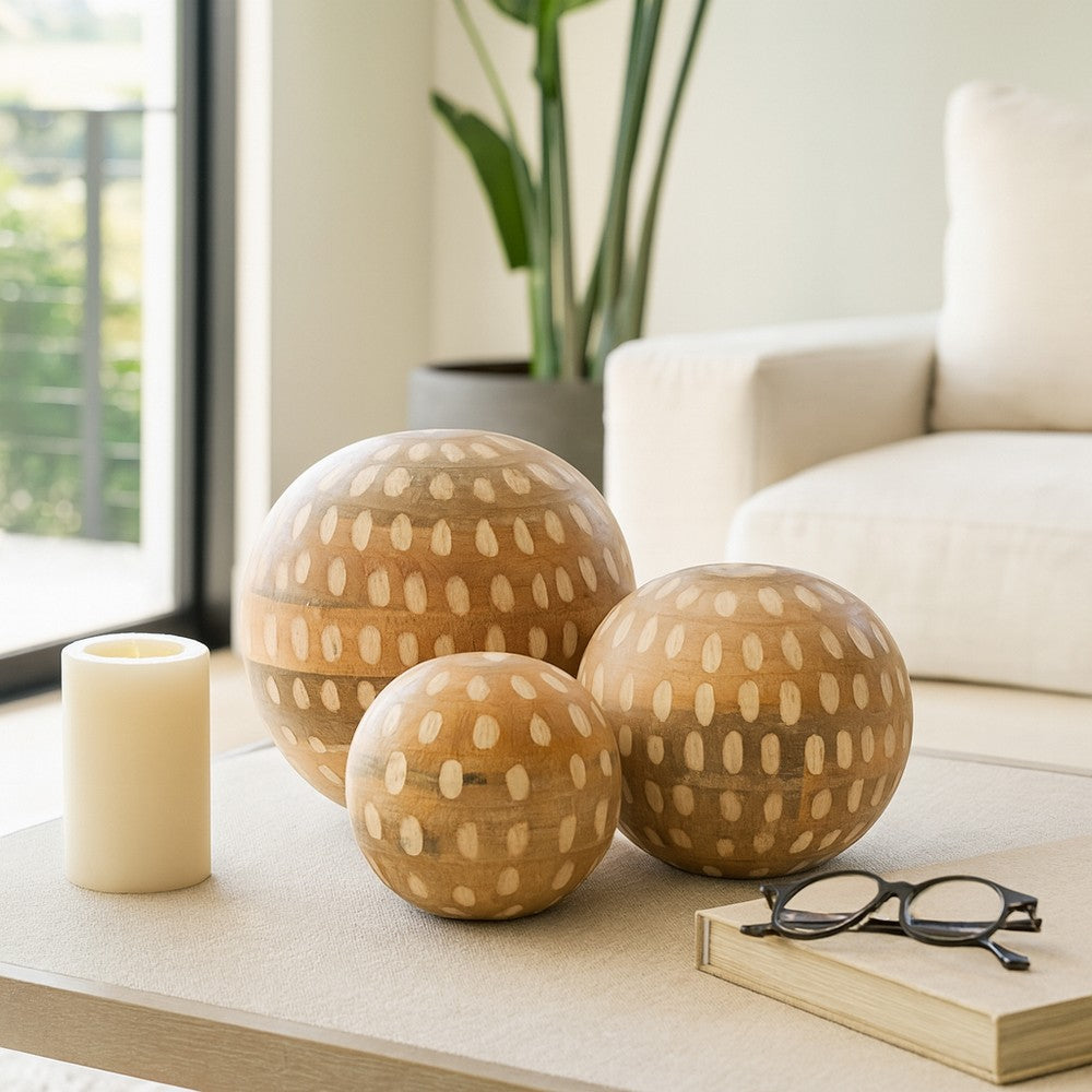 Decorative 3pc Wood Ball Set | Natural Brown Dotted Accent Mango Wood