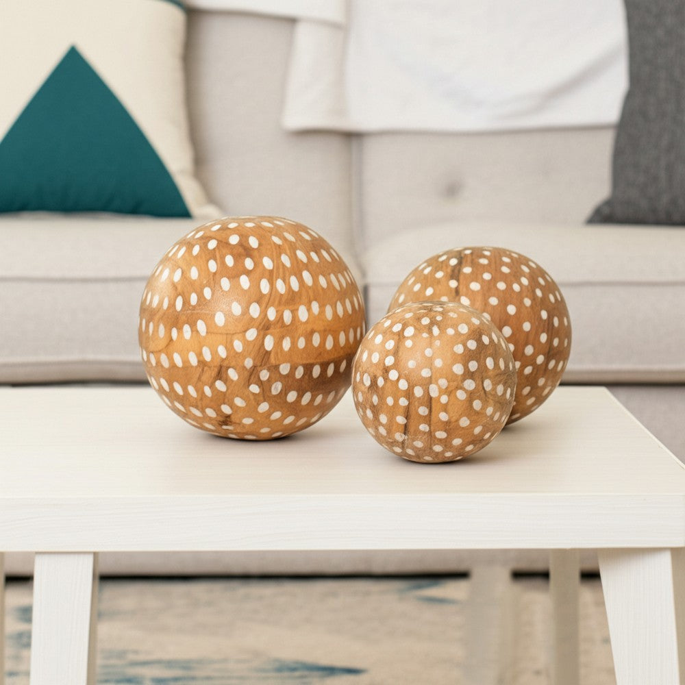 Decorative 3pc Wood Ball Set | Natural Brown Dotted Accent Mango Wood