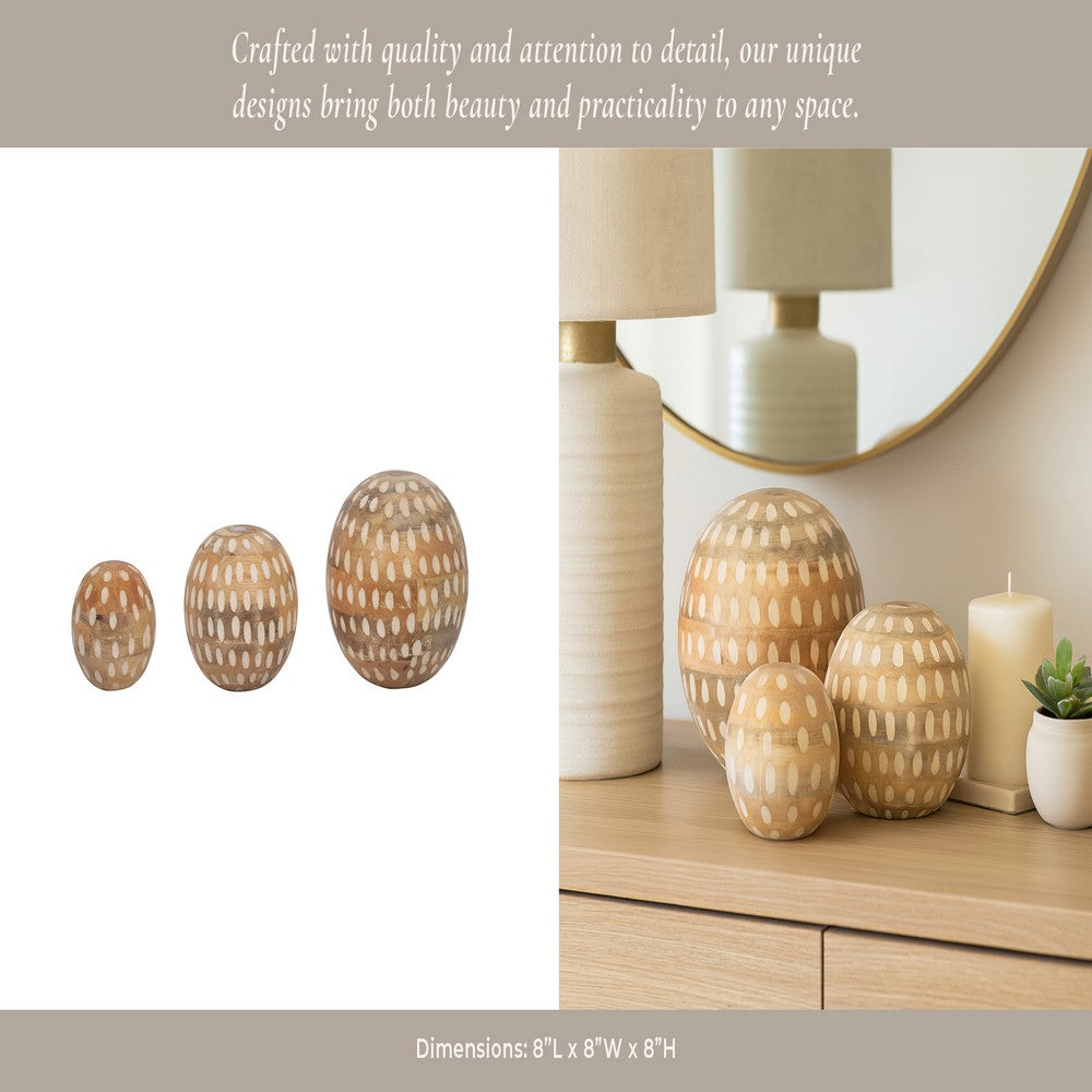Decorative 3pc Wood Ball Set | Natural Brown Dotted Accent Mango Wood