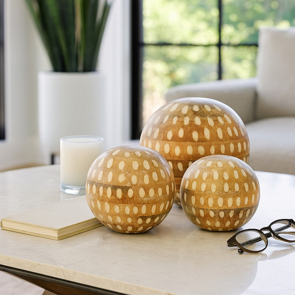 Decorative 3pc Wood Ball Set | Natural Brown Dotted Accent Mango Wood