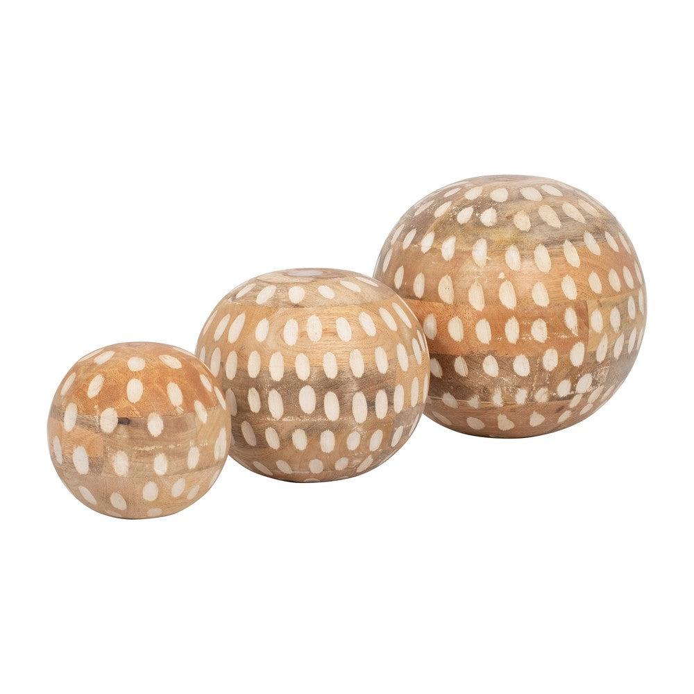 Decorative 3pc Wood Ball Set | Natural Brown Dotted Accent Mango Wood