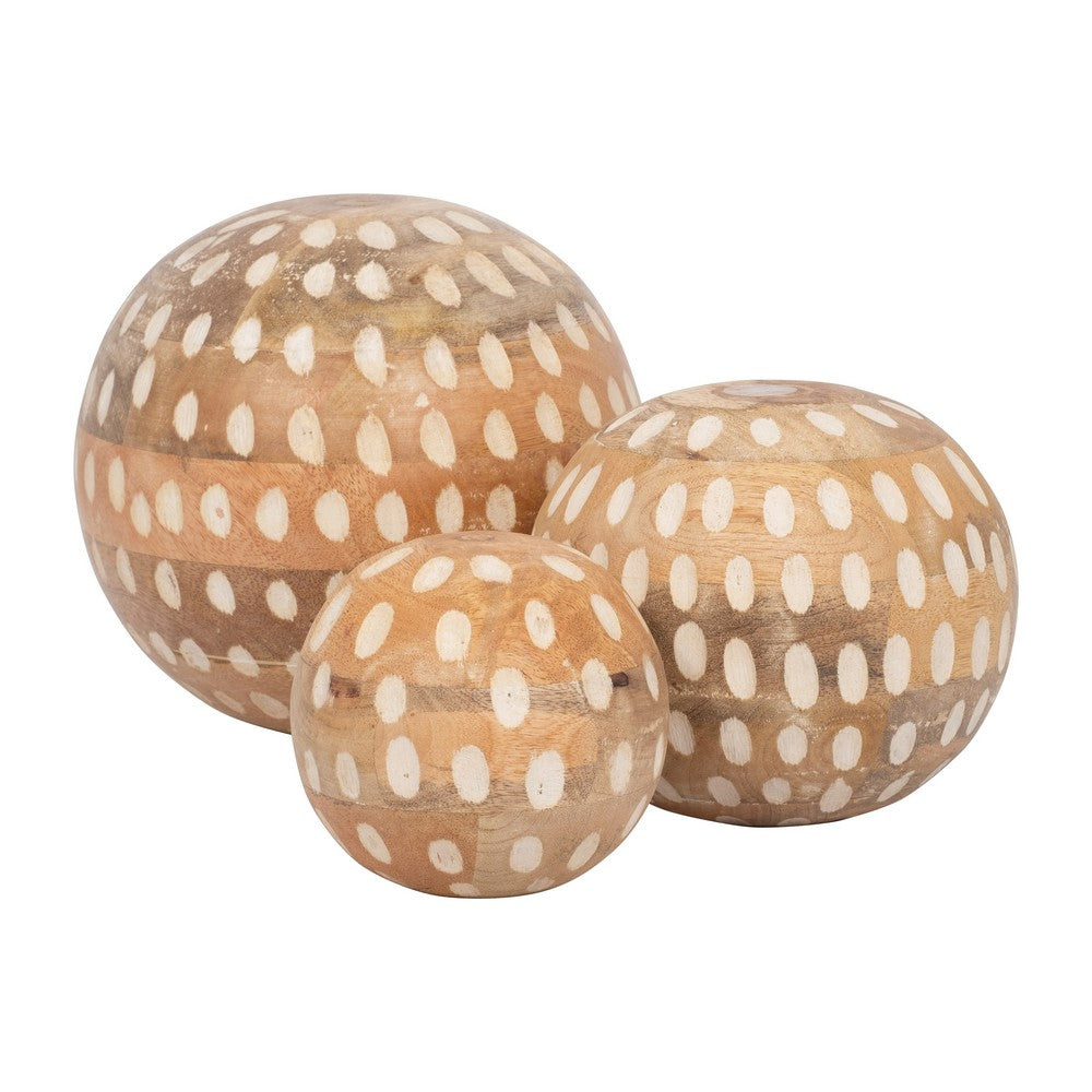 Decorative 3pc Wood Ball Set | Natural Brown Dotted Accent Mango Wood