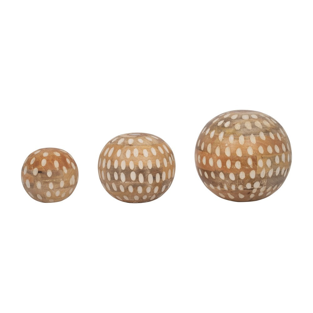 Decorative 3pc Wood Ball Set | Natural Brown Dotted Accent Mango Wood