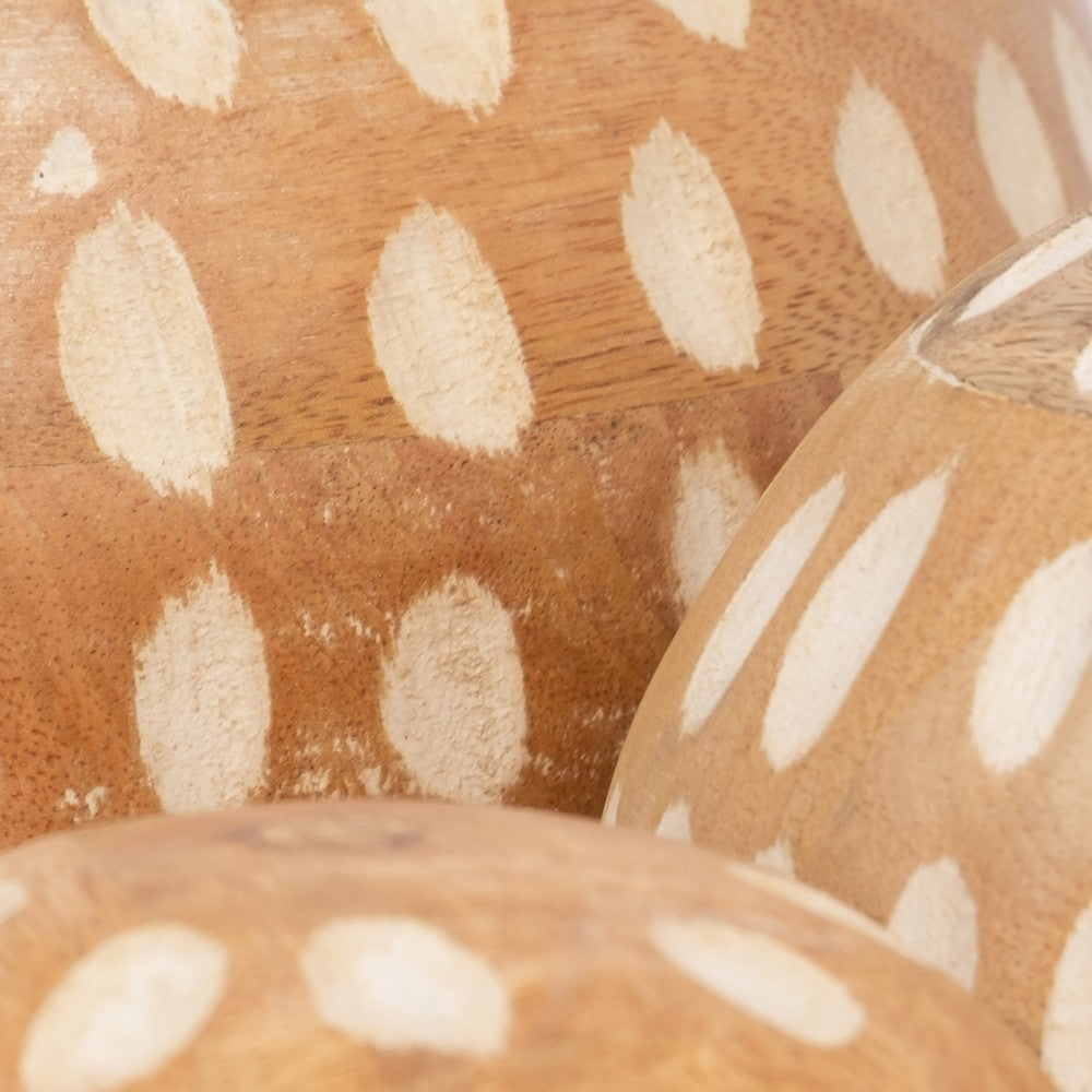 Decorative 3pc Wood Ball Set | Natural Brown Dotted Accent Mango Wood