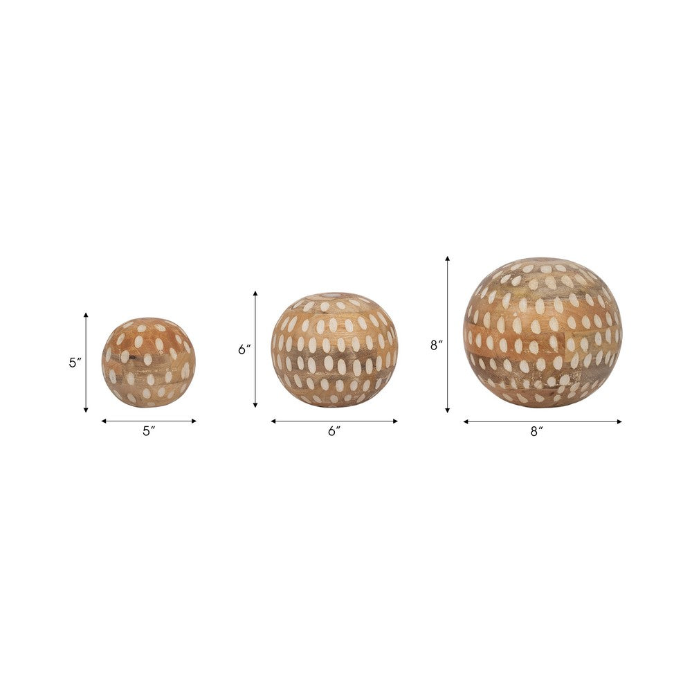 Decorative 3pc Wood Ball Set | Natural Brown Dotted Accent Mango Wood