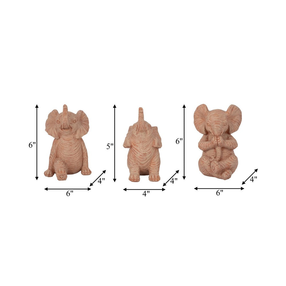 Tabletop Decor | Yoga Elephant Set of 3 | Stonelike Brown Polyresin 6 5"