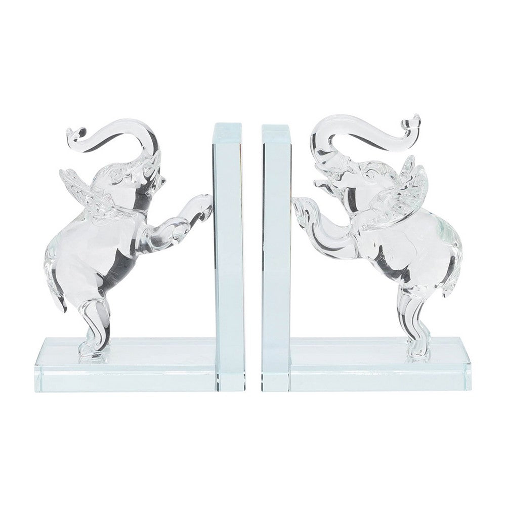 Decorative Accent Elephant Bookend Set of 2 | Frosted Clear Crystal
